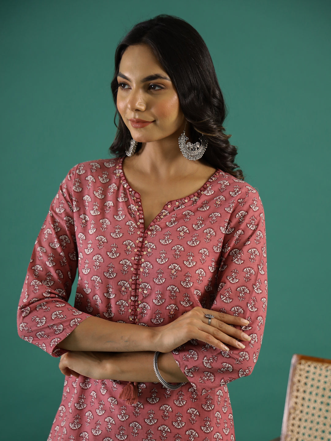 Pink & White Printed Kurti Set