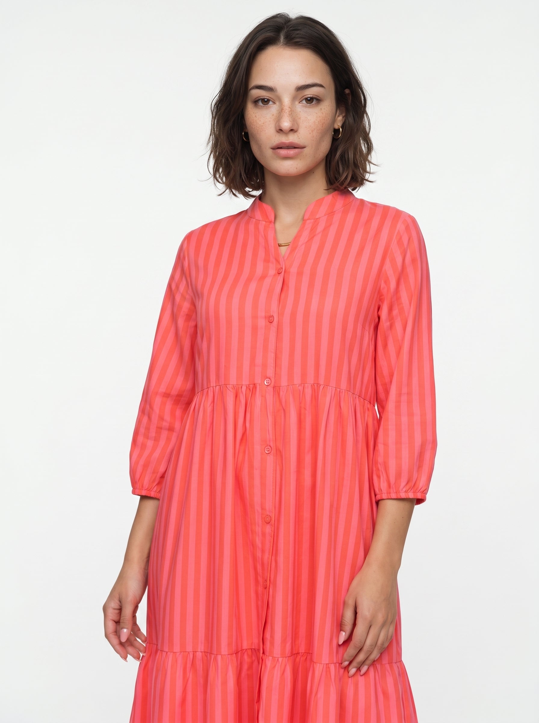 Pink Round Neck Striped Flared Cotton Dress For Women