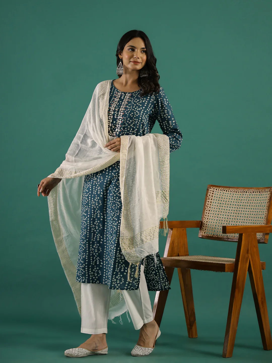 Green Bandhani Print Round Neck Cotton Kurta Set for Women - SanskrutiHomes
