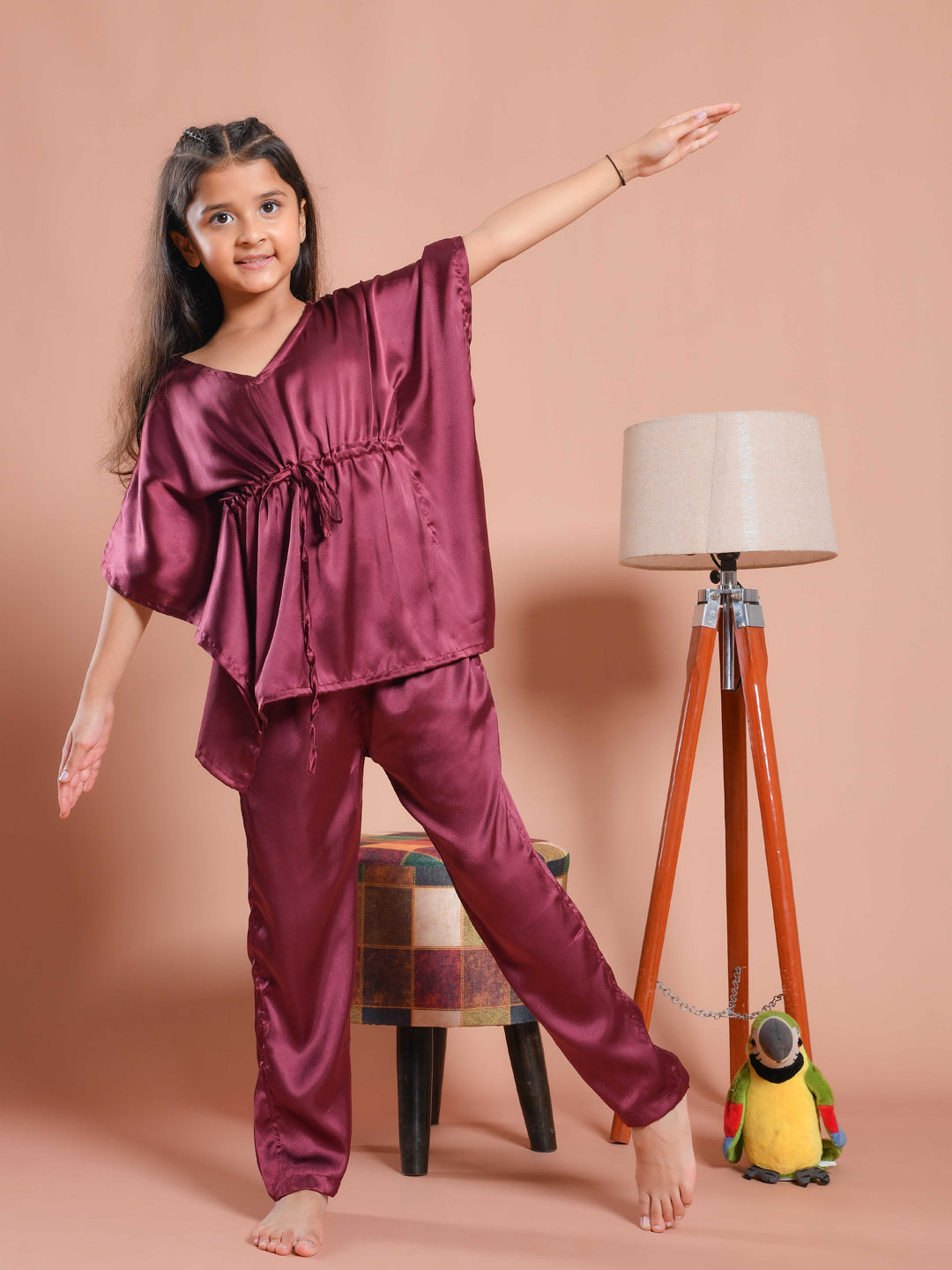 Burgundy Color V-Neck Solid Kids Night Suit