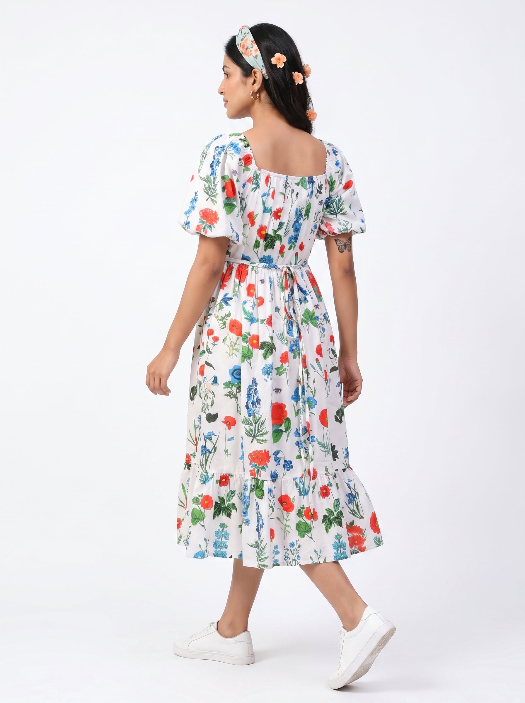 White Round Neck Floral Print Flared Pure Cotton Dress For Women
