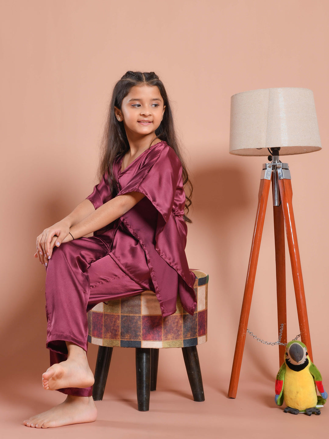 Burgundy Color V-Neck Solid Kids Night Suit