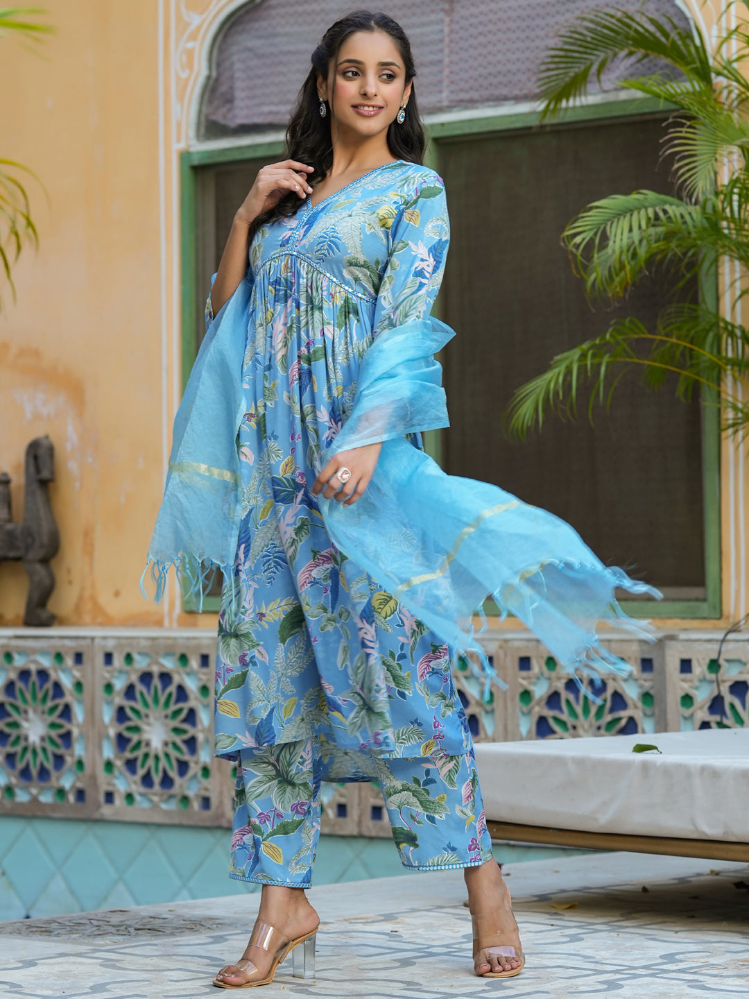 Blue V-Neck Floral Print Mirror Work Kurta Set For Women