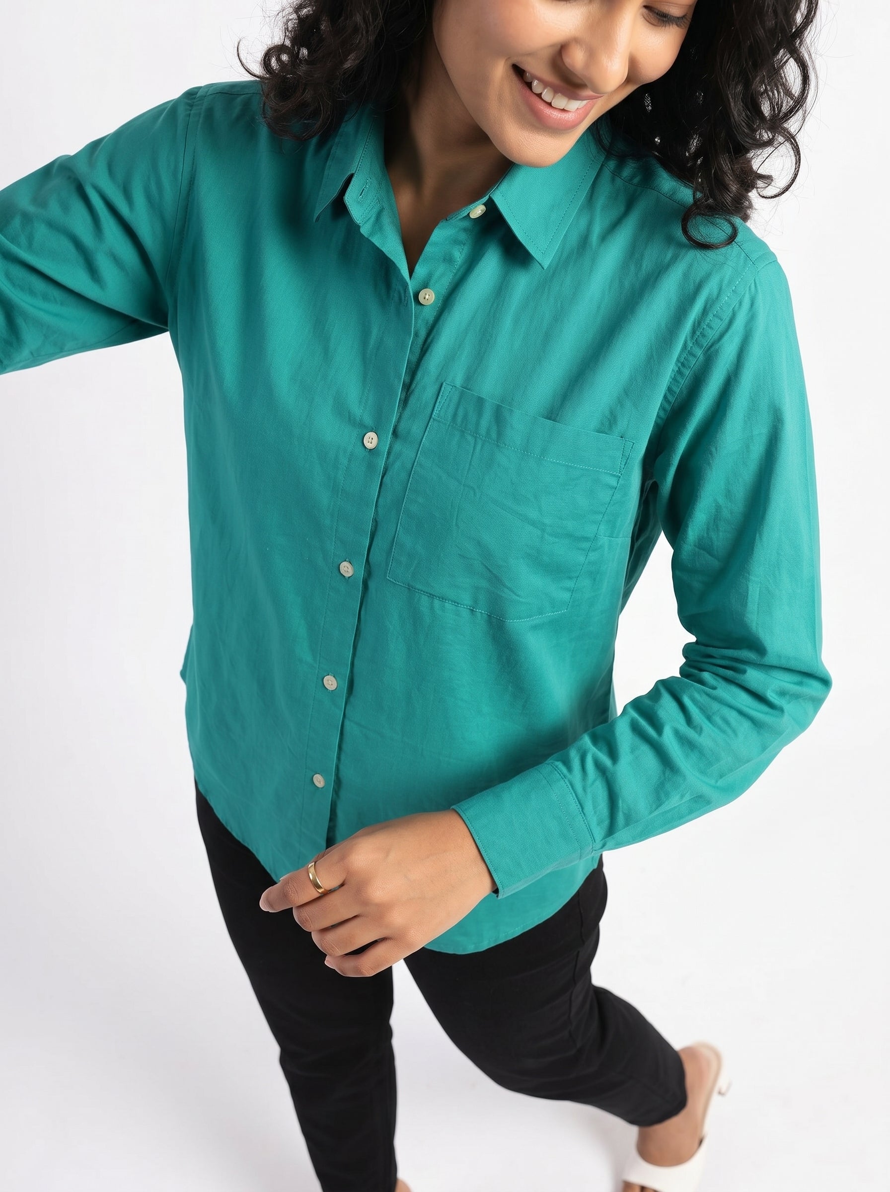 Teal Spread Collar Full Sleeve Solid Cotton Shirt For Women