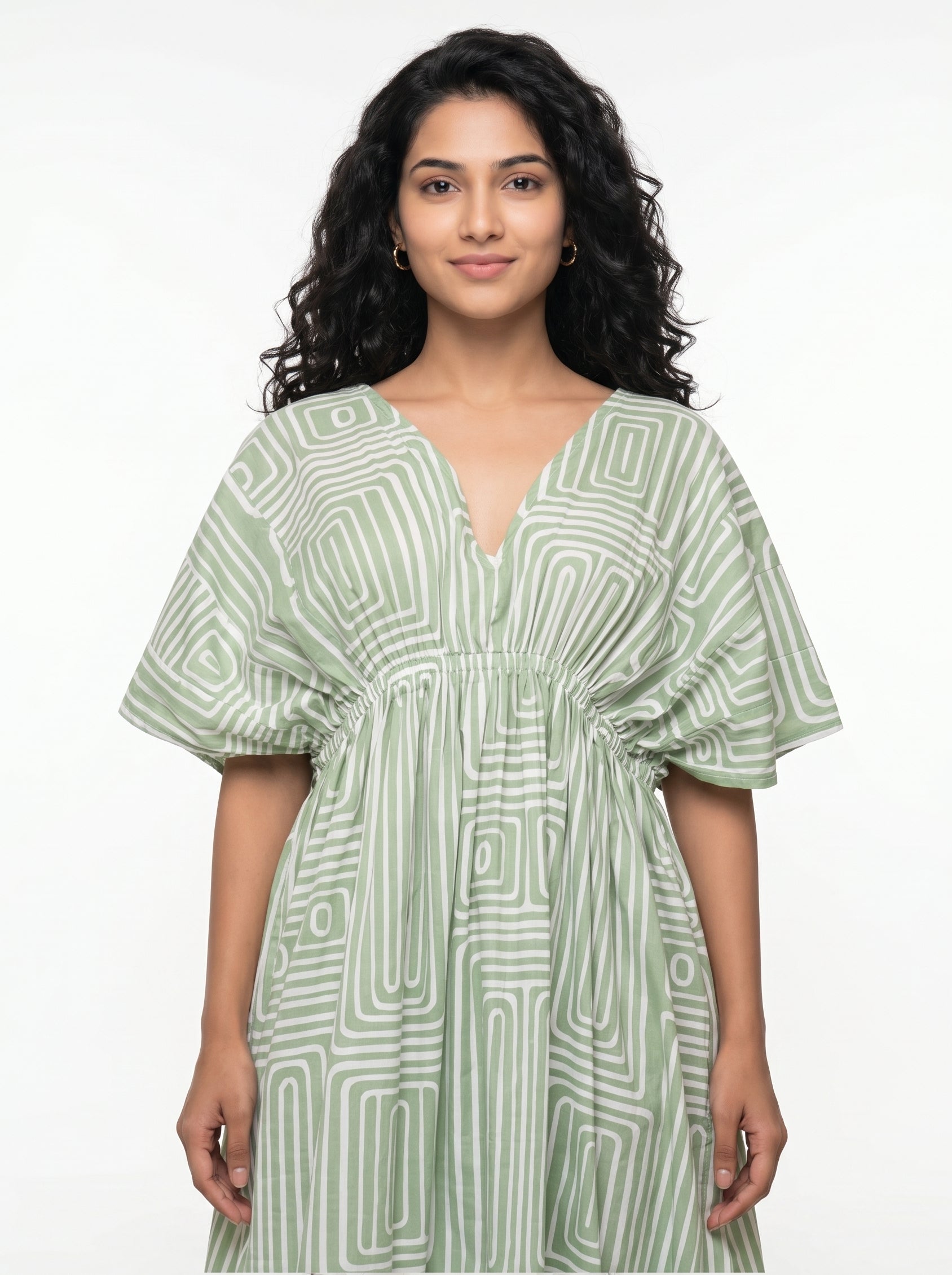 Off White Abstract Print V-Neck Flared Cotton Dress For Women