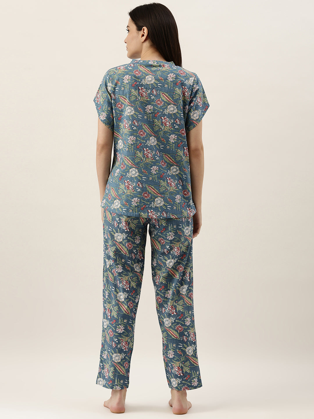 Turquoise Cotton Printed Night Suit Set With Pajama