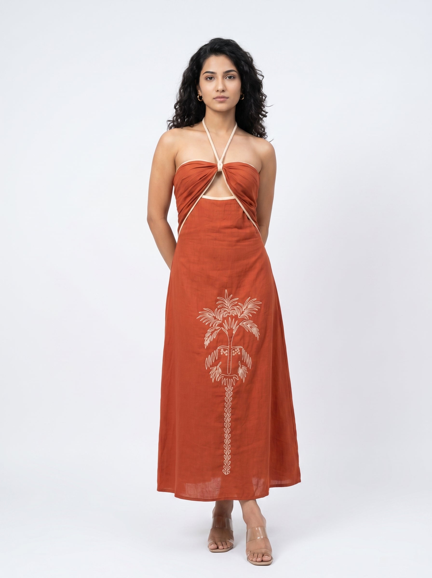 Rust V-Neck Solid Flared Cotton Dress For Women