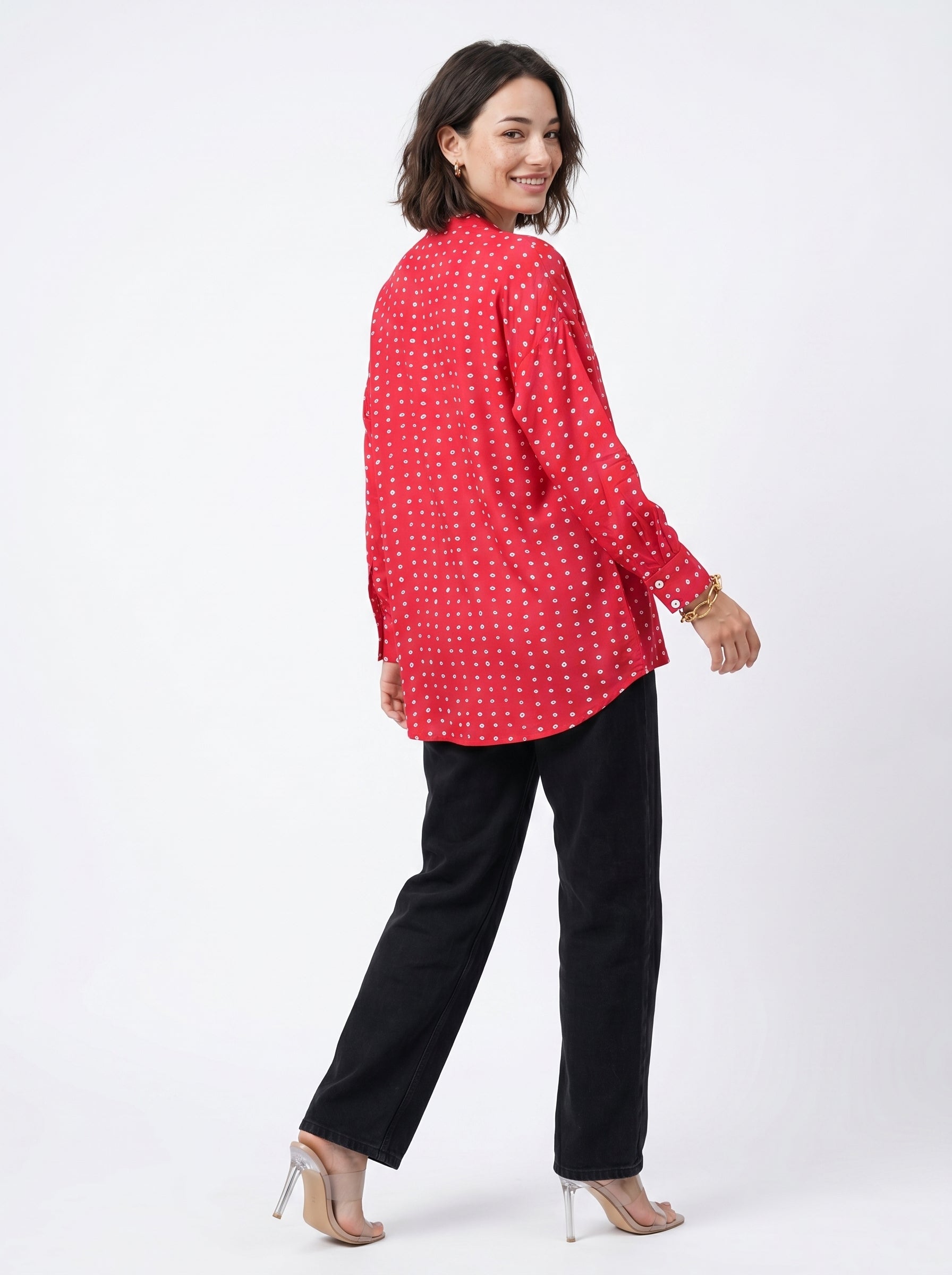 Pink Geometric Print Mandarin Collar Shirt For Women
