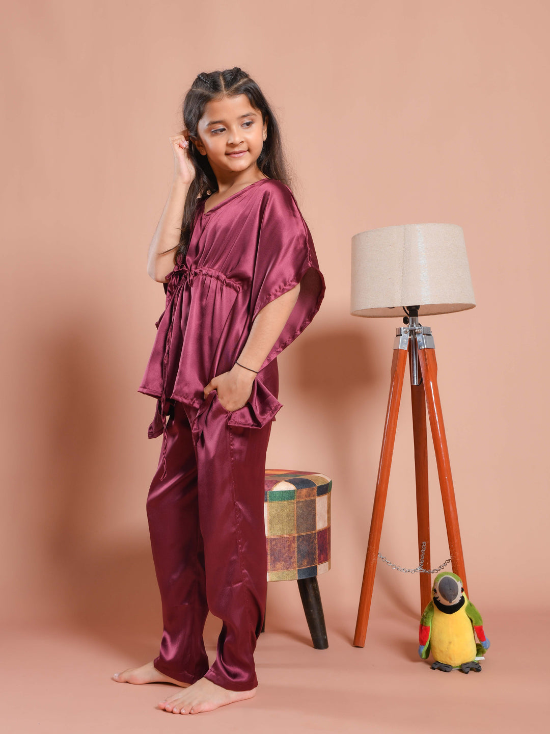 Burgundy Color V-Neck Solid Kids Night Suit