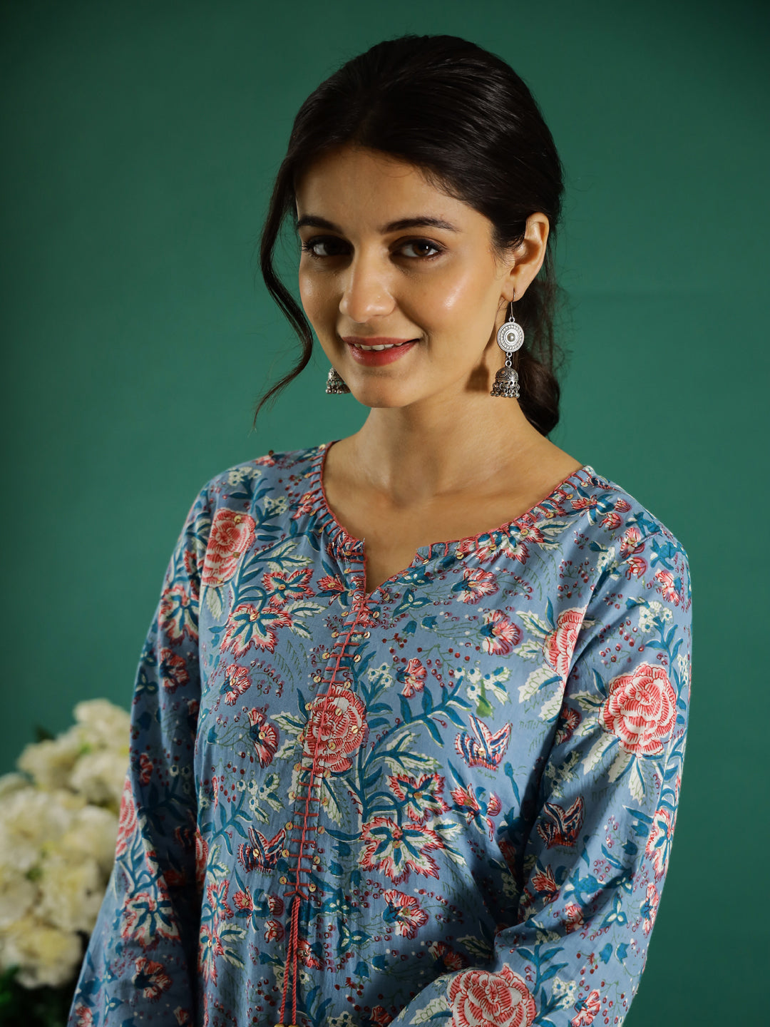 Blue Flower Printed Round Neck Cotton Kurta
