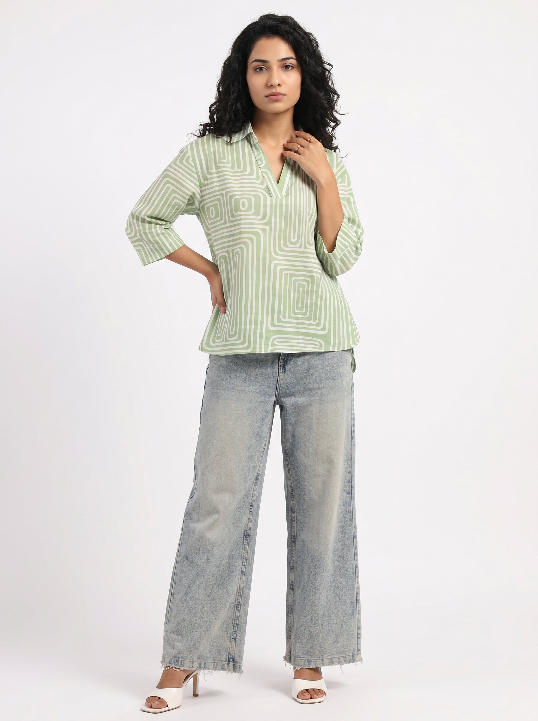 Green Shirt Collar Geometric Print Cotton Top For Women