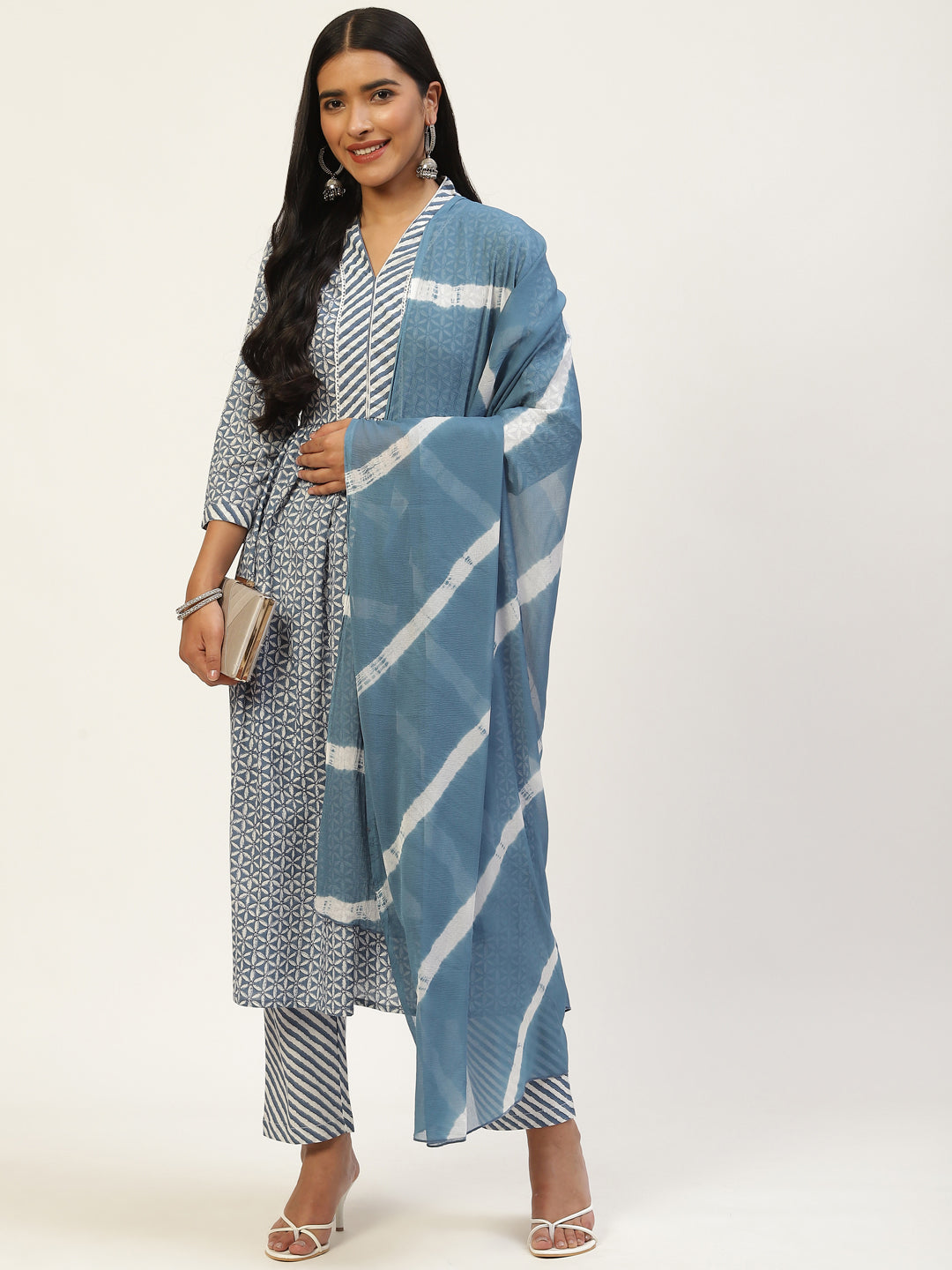 Blue Pure Cotton Floral Printed V-Neck Kurta Set With Dupatta