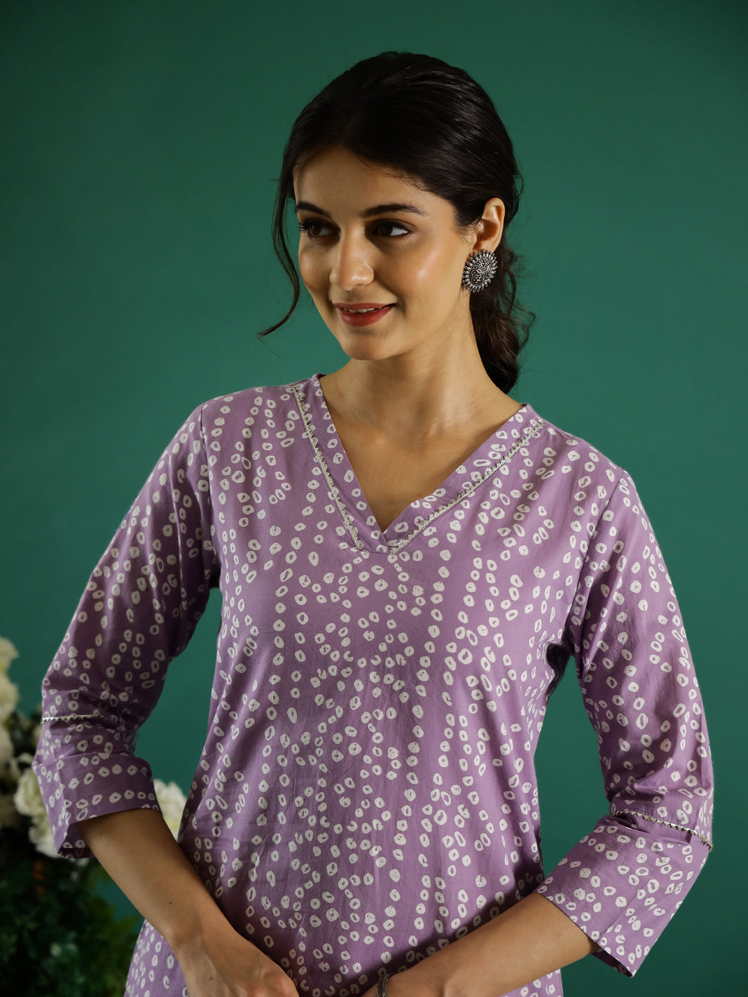 Lavender White Dotted Printed Cotton Kurta