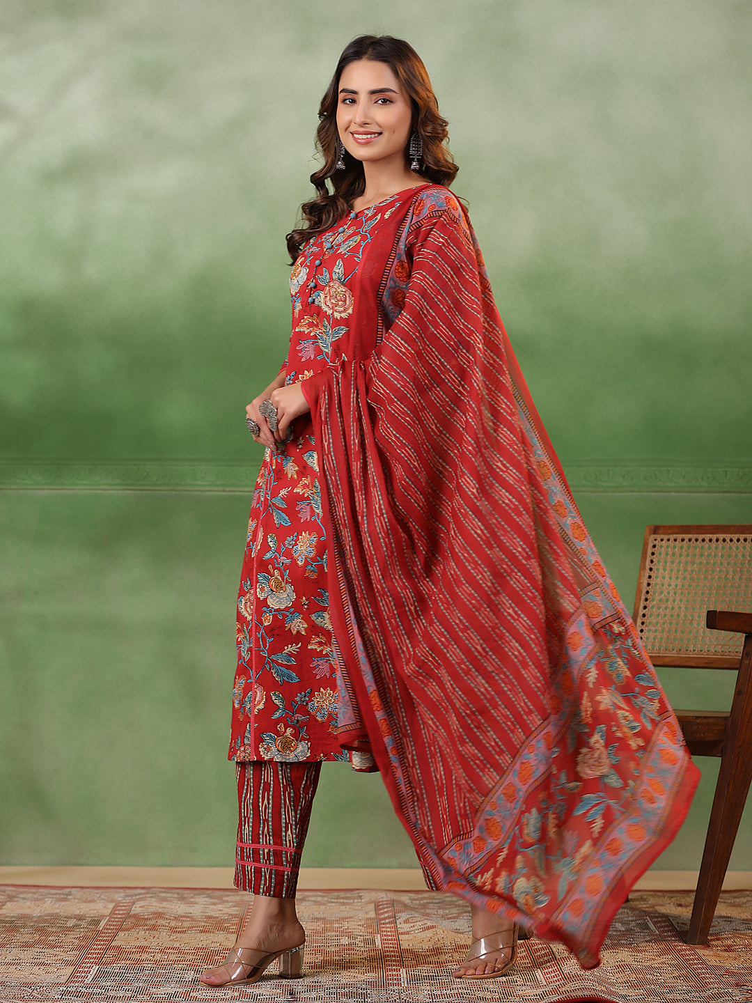 Maroon Cotton Round Neck Floral Printed Kurta Set For Women