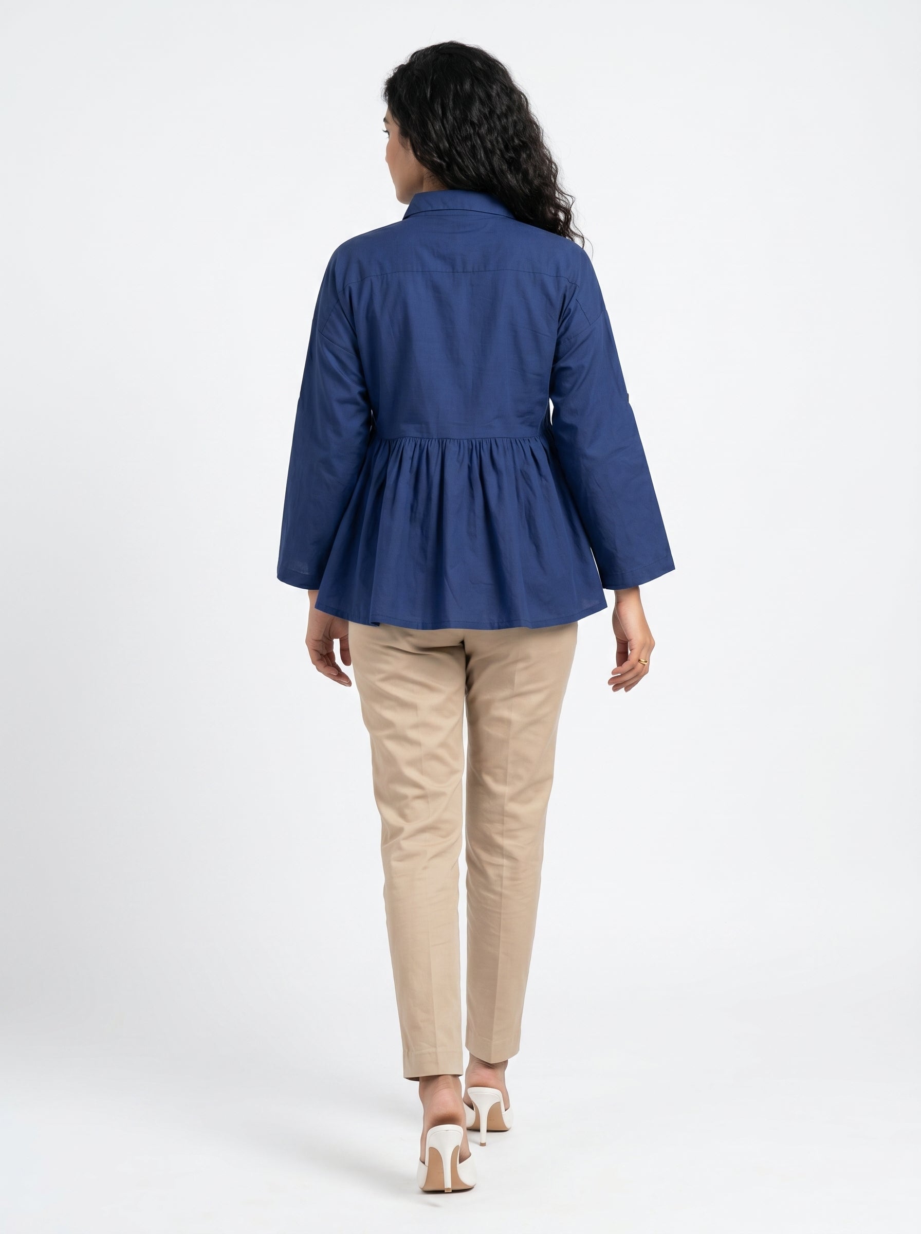 Blue Solid Spread Collar Cotton Shirt For Women