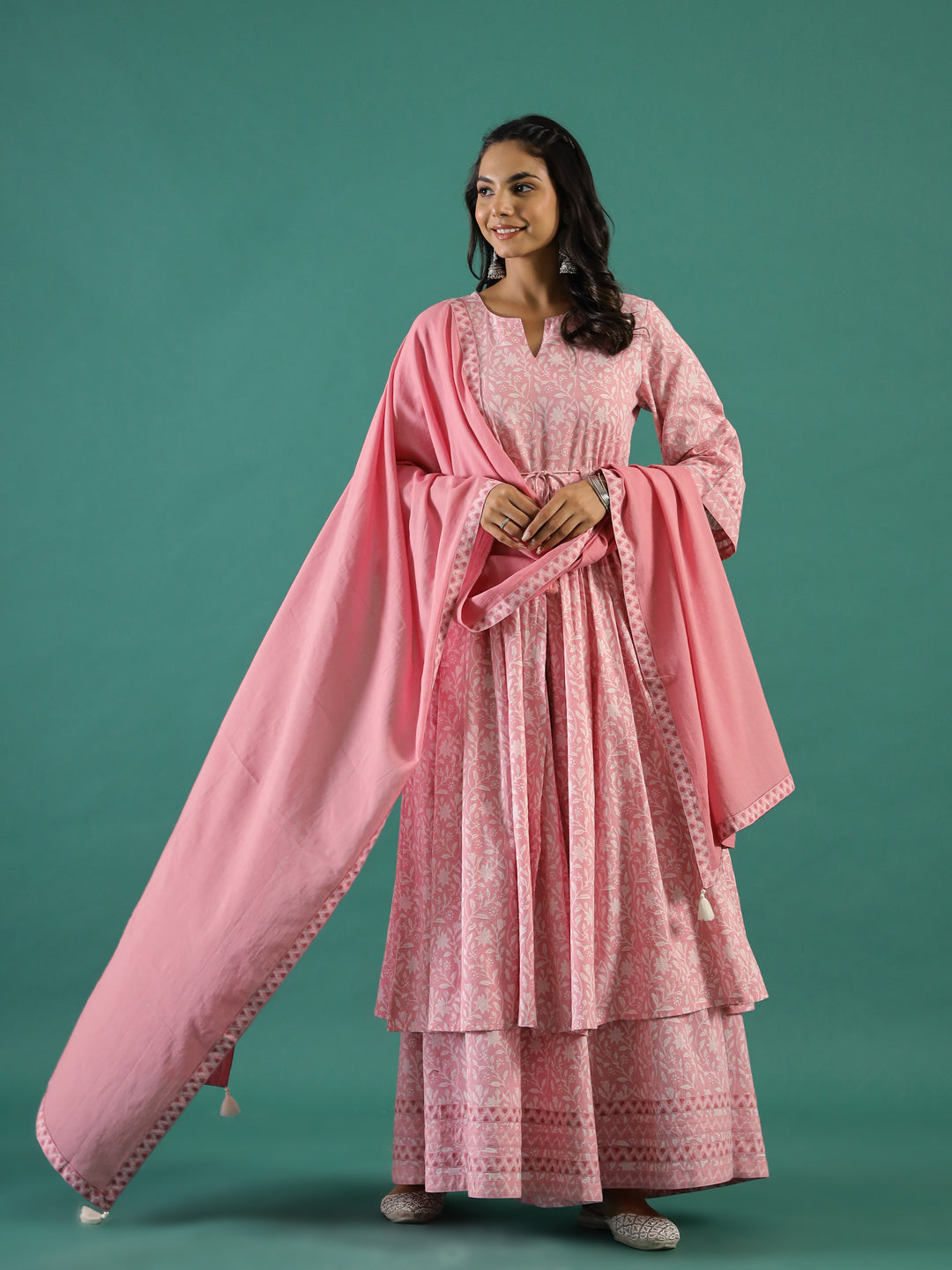 Pink Floral Printed Cotton Kurta With Dupatta