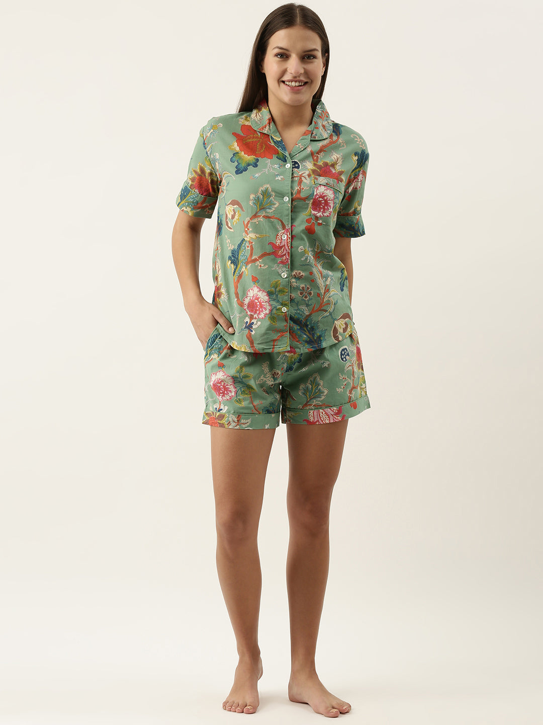 Green Cotton Printed Night Suit Set