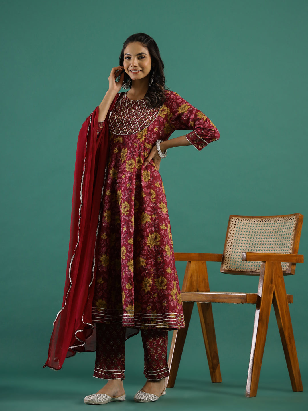 Maroon Pure Cotton Round Neck Printed Kurta Set For Women