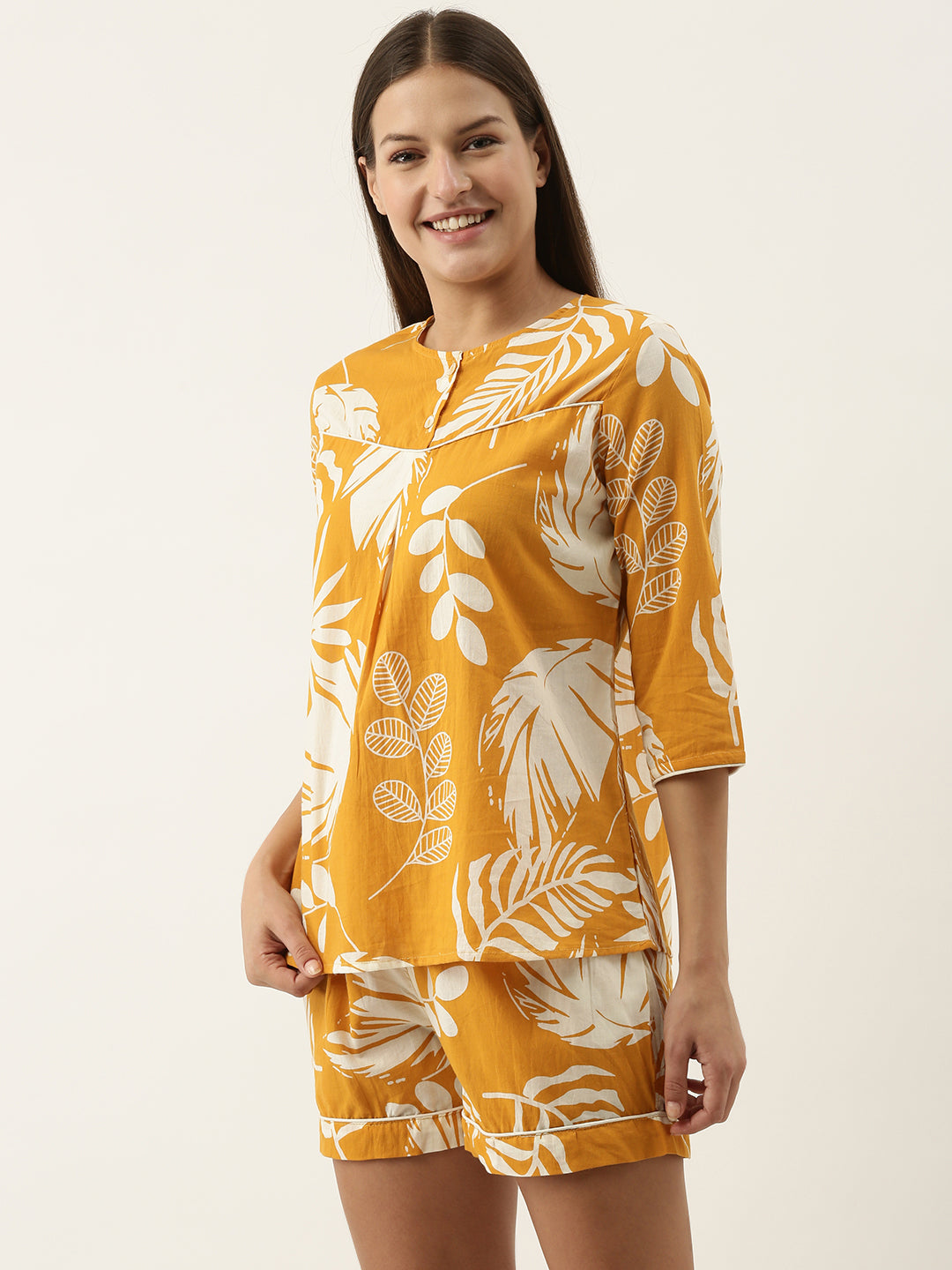 Yellow Cotton Printed Night Suit Set