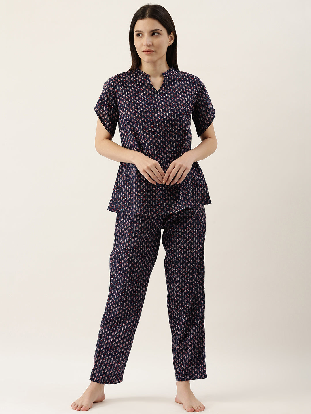 Navy Blue Round Neck Ethnic Motif Pure Cotton Night Suit Set For Women