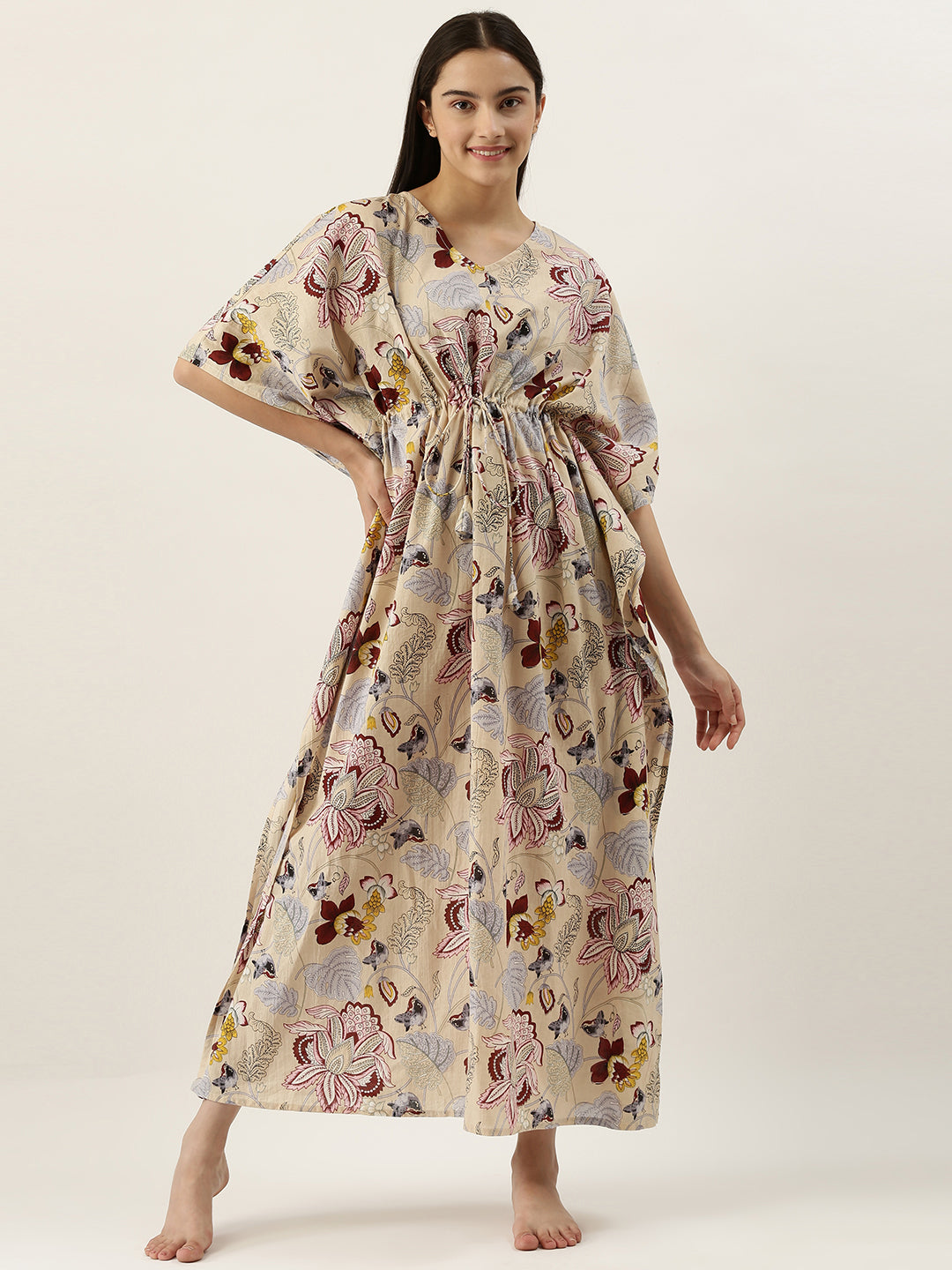Beige Cotton Printed Kaftan Maxi Dress