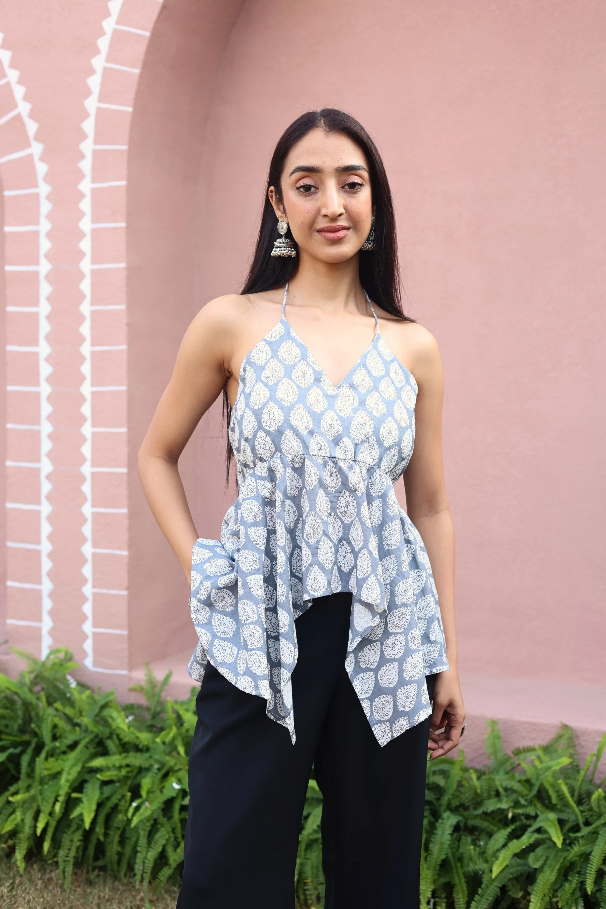 Grey Floral Print Cotton V-Neck Top for Women - SanskrutiHomes