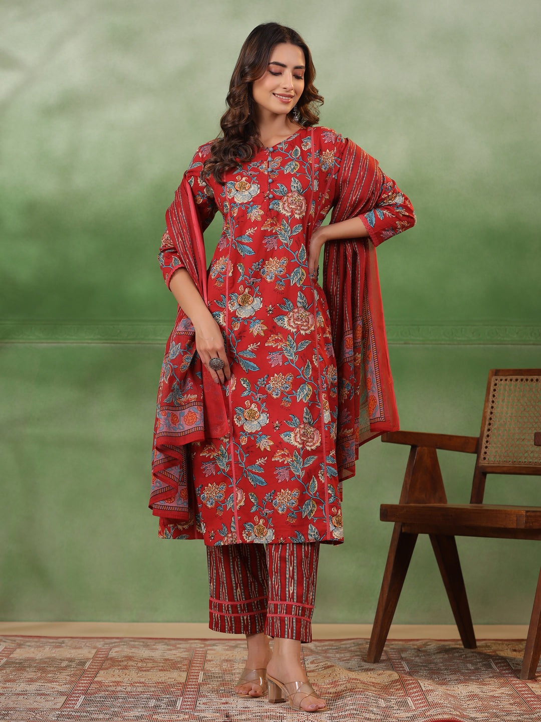Maroon Cotton Round Neck Floral Printed Kurta Set For Women