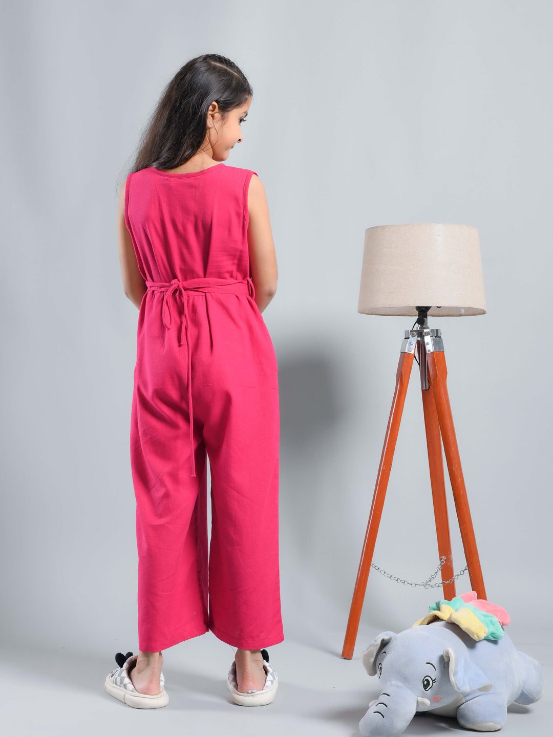 Pink Solid V-Neck Jumpsuit For Kids