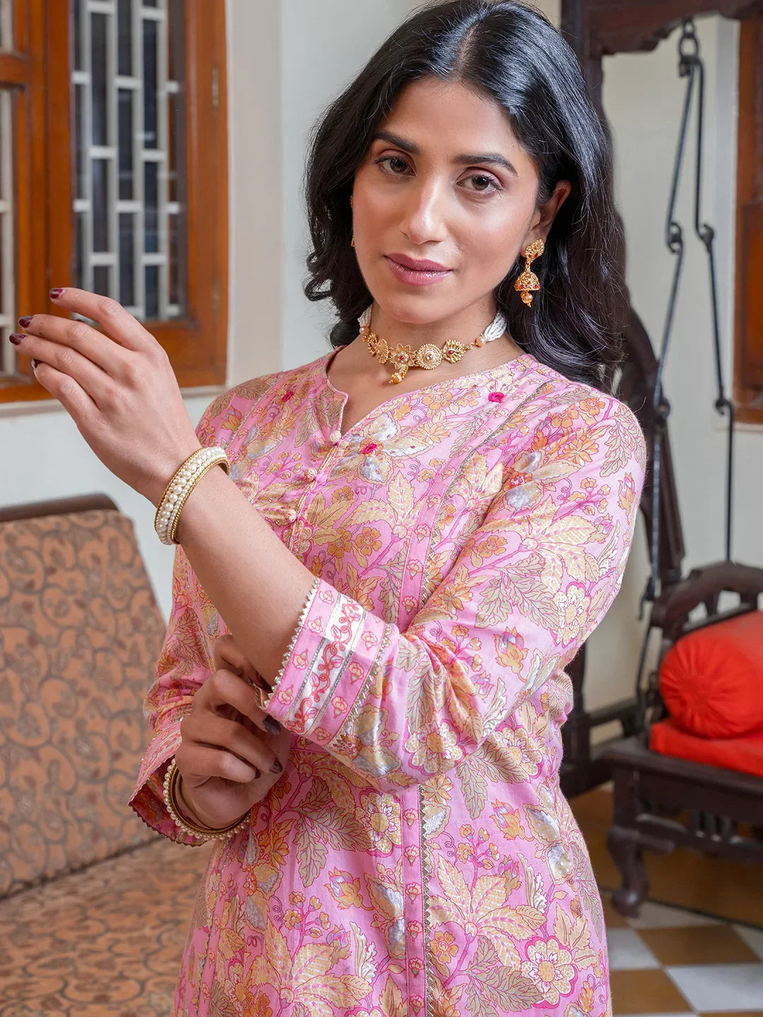 Pink Cotton Kurta for Women - SanskrutiHomes