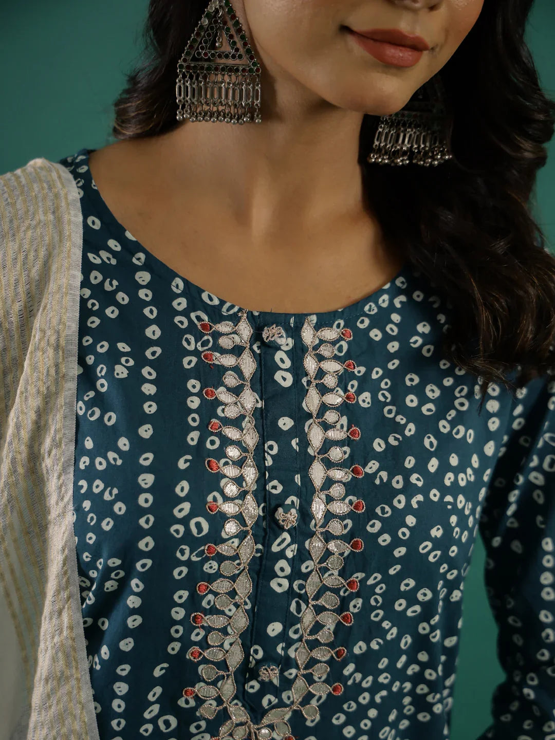 Green Bandhani Print Round Neck Cotton Kurta Set for Women - SanskrutiHomes