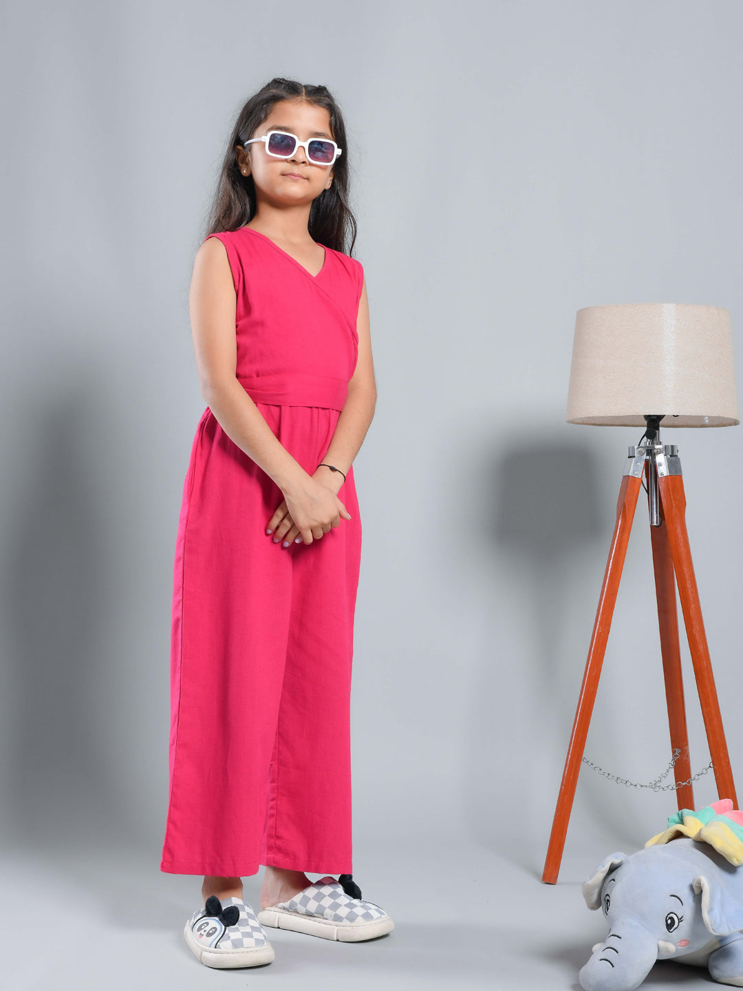 Pink Solid V-Neck Jumpsuit for Kids