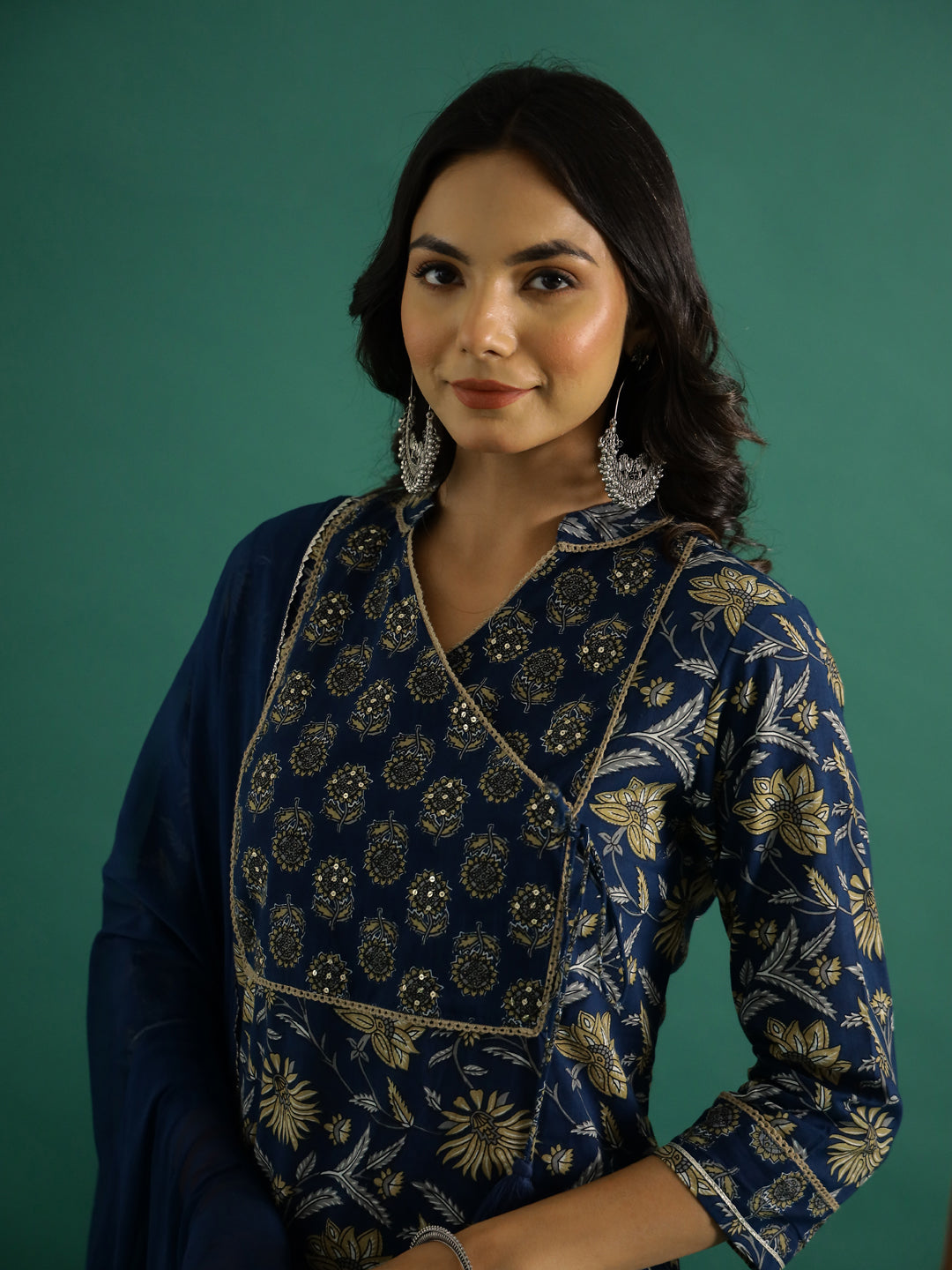 Blue Pure Cotton V-Neck Printed Kurta Set For Women