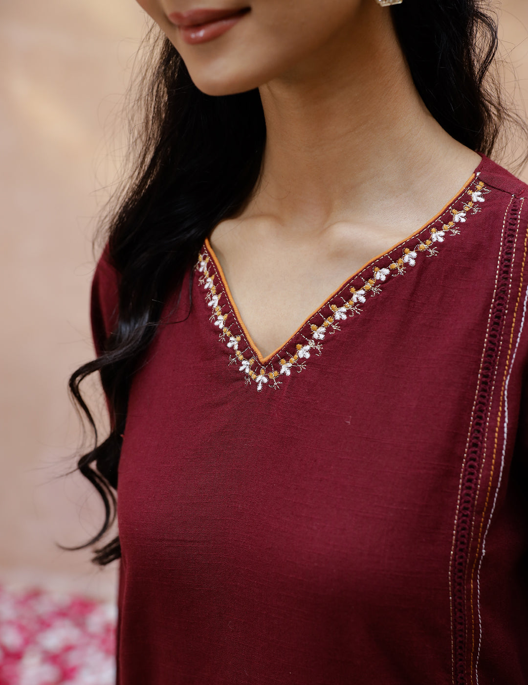 V-Neck Cotton Maroon Kurta Set For Women