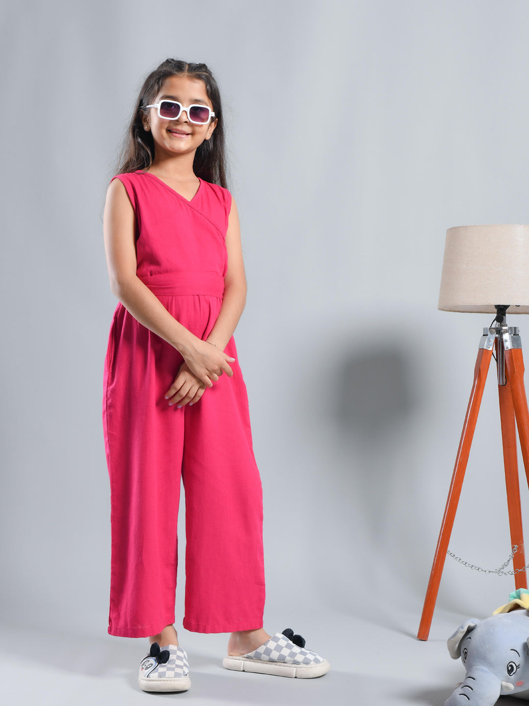 Pink Solid V-Neck Jumpsuit For Kids