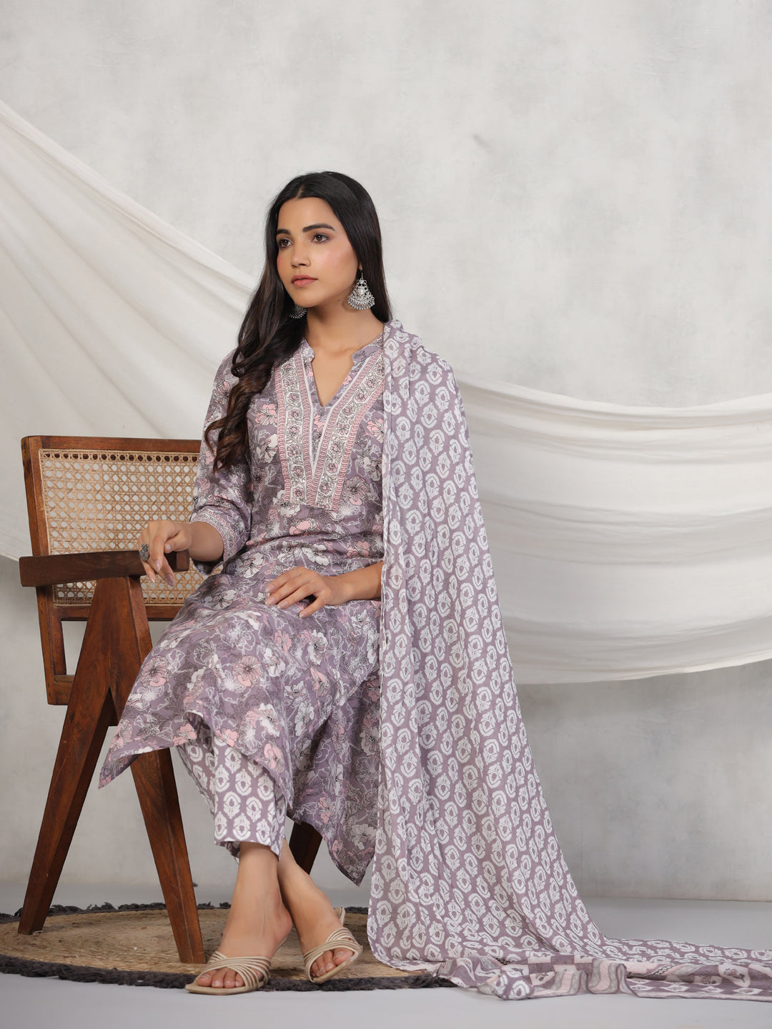 Pink Floral Print Mandarin Collar Pure Cotton Kurta Set For Women