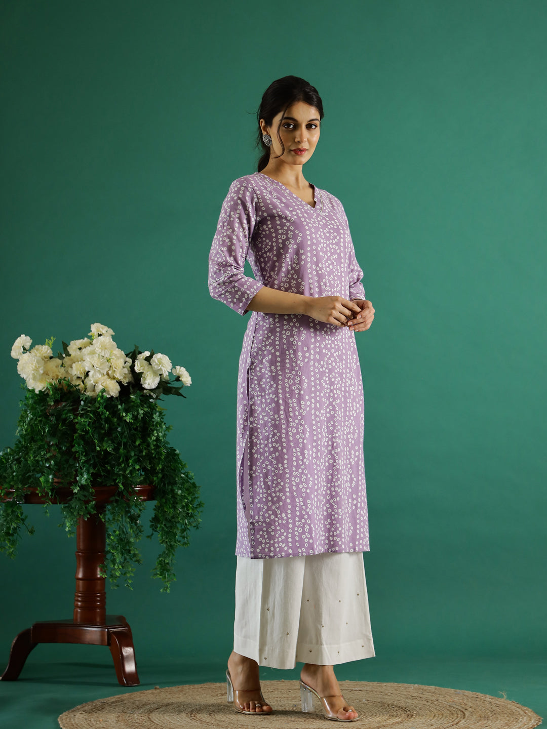Lavender White Dotted Printed Cotton Kurta