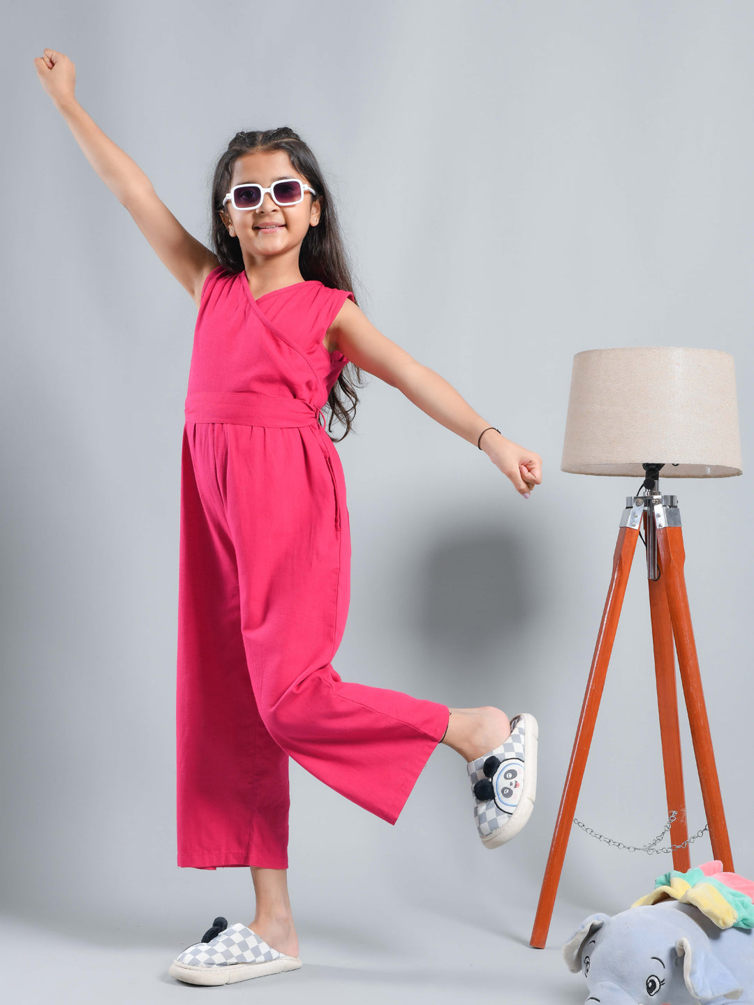 Pink Solid V-Neck Jumpsuit for Kids