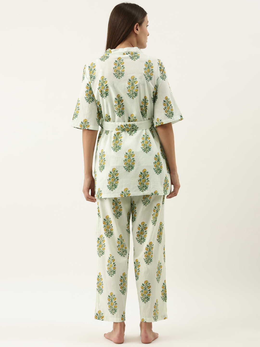 White/Green Cotton Printed Night Suit Shrug Set