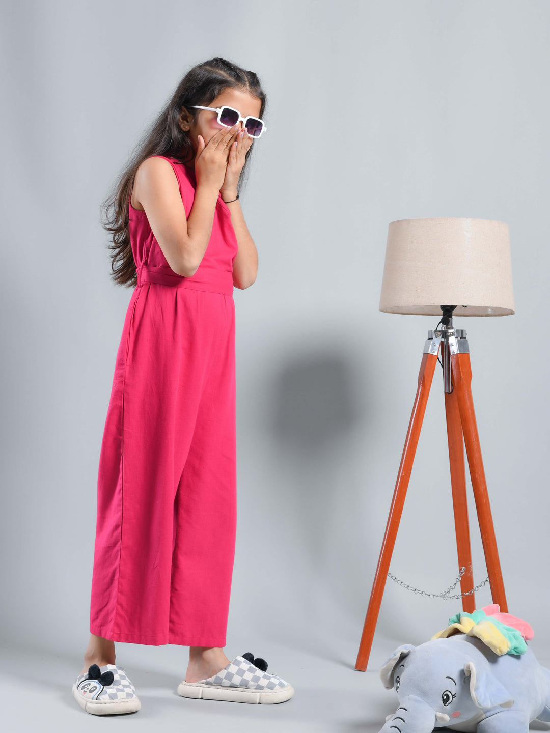 Pink Solid V-Neck Jumpsuit For Kids