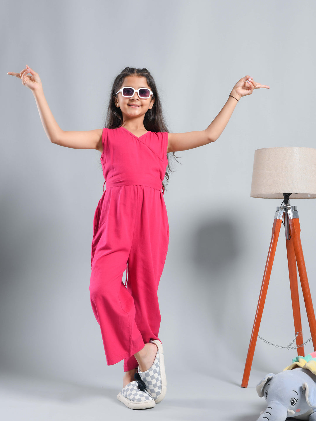 Pink Solid V-Neck Jumpsuit For Kids