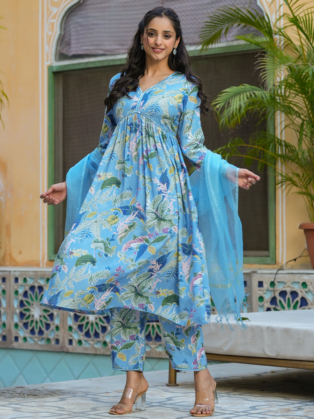Blue V-Neck Floral Print Mirror Work Kurta Set For Women