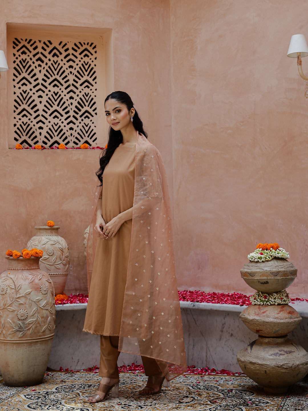 Brown Solid Print Cotton Kurta With Dupatta