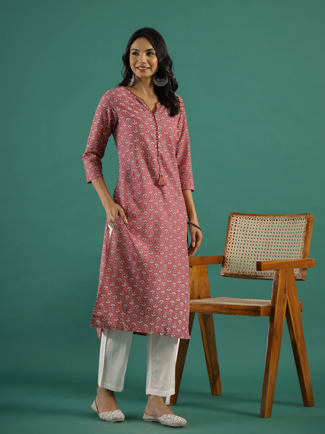 Pink & White Printed Kurti Set