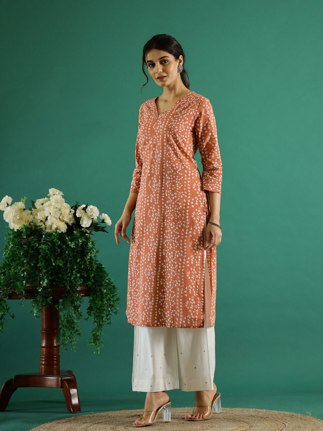 Orange White Dotted Printed Cotton Kurta