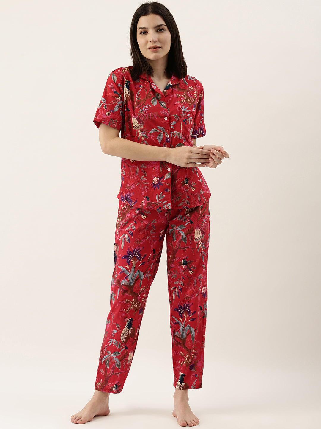 Red Printed Cotton Night Suit Set With Pajama For Women
