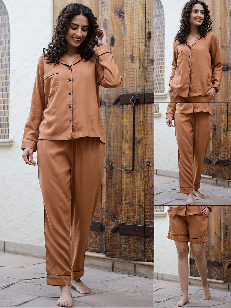 Women Rust Night suit set 3 piece