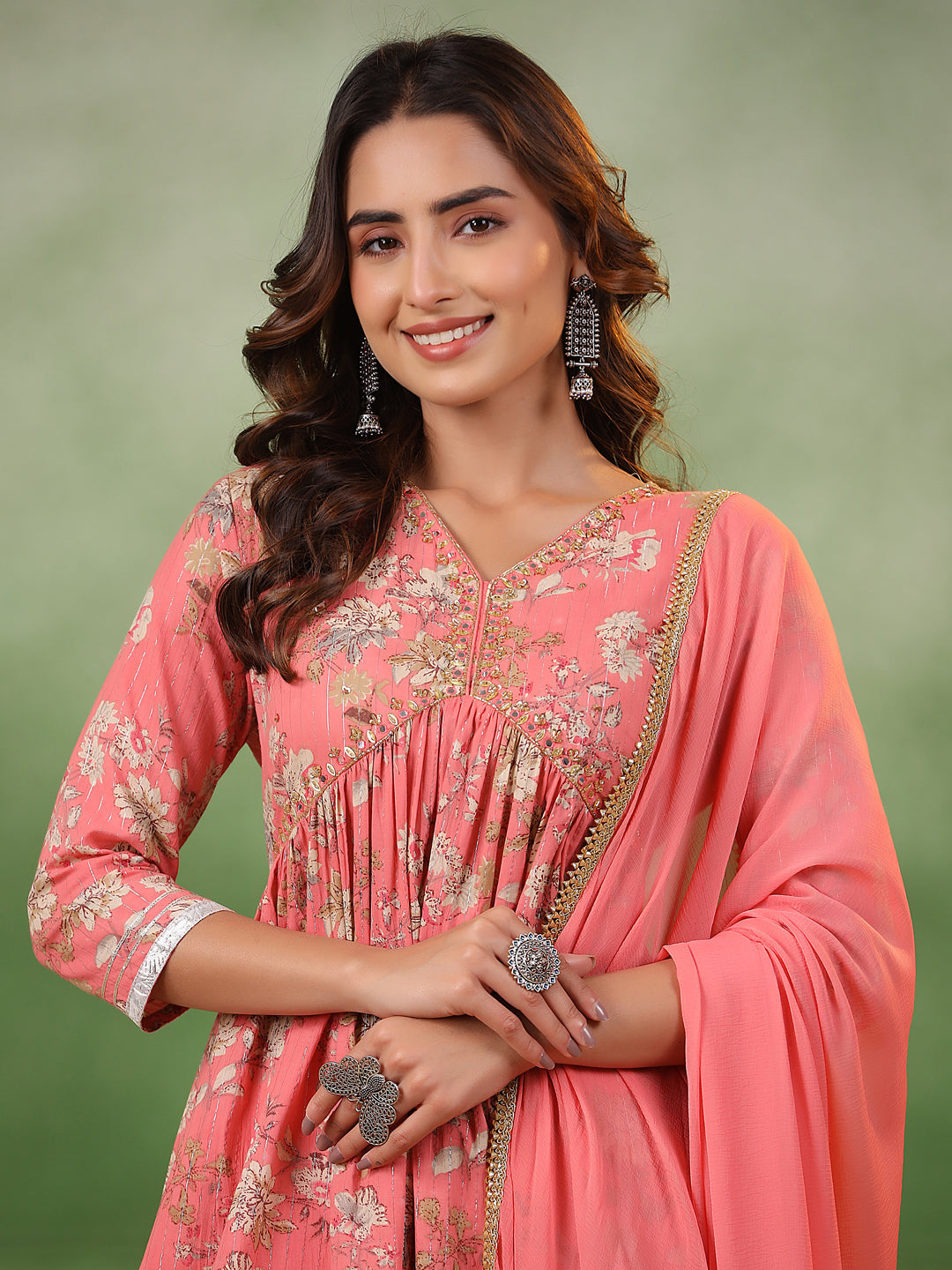 Peach V-Neck Pure Cotton Kurta Set with Dupatta for Women