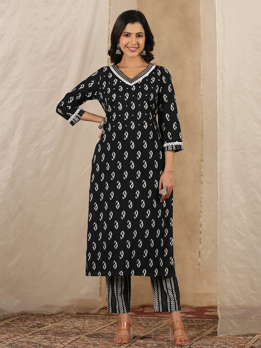 Black V-Neck Ethnic Motifs Print Pure Cotton Kurta With Trousers & Dupatta