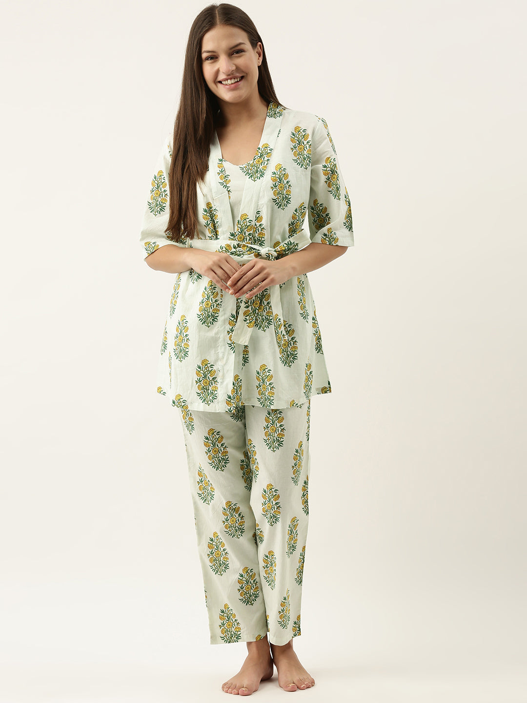 White/Green Cotton Printed Night Suit Shrug Set