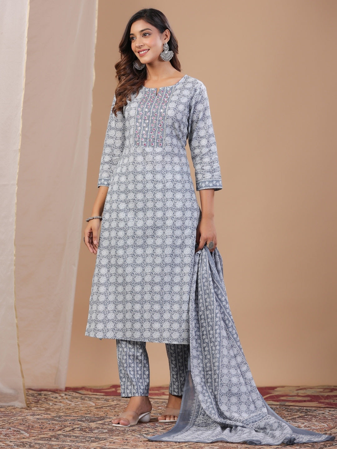Grey Ethnic Motifs Printed Round Neck Pure Cotton Kurta Trousers Dupatta Set For Women
